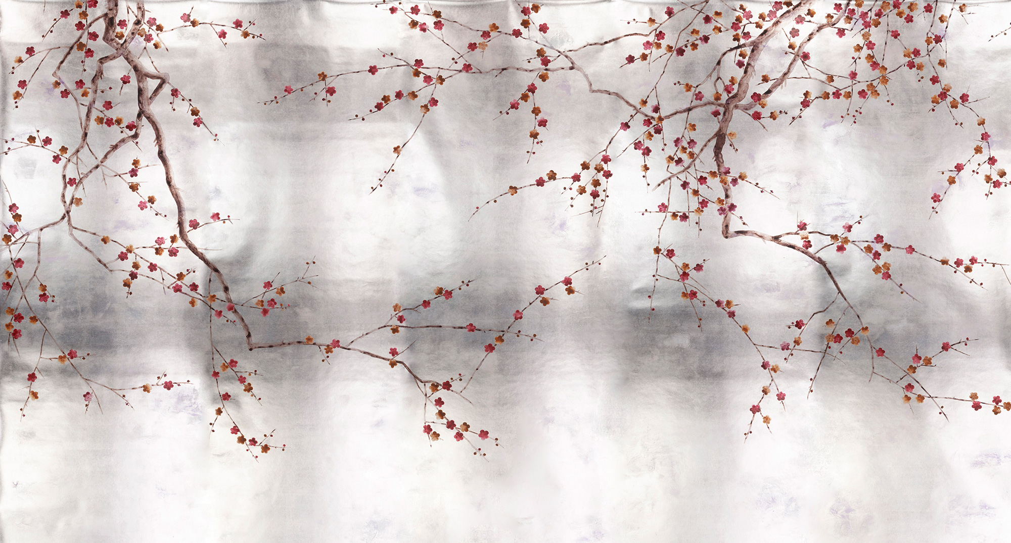 Обои ручная роспись Plum Blossom Original colourway on Tarnished Silver gilded paper with pearlescent antiquing Обои ручная роспись Plum Blossom Original colourway on Tarnished Silver gilded paper with pearlescent antiquing - постер Loft-Concept в Волгограде
