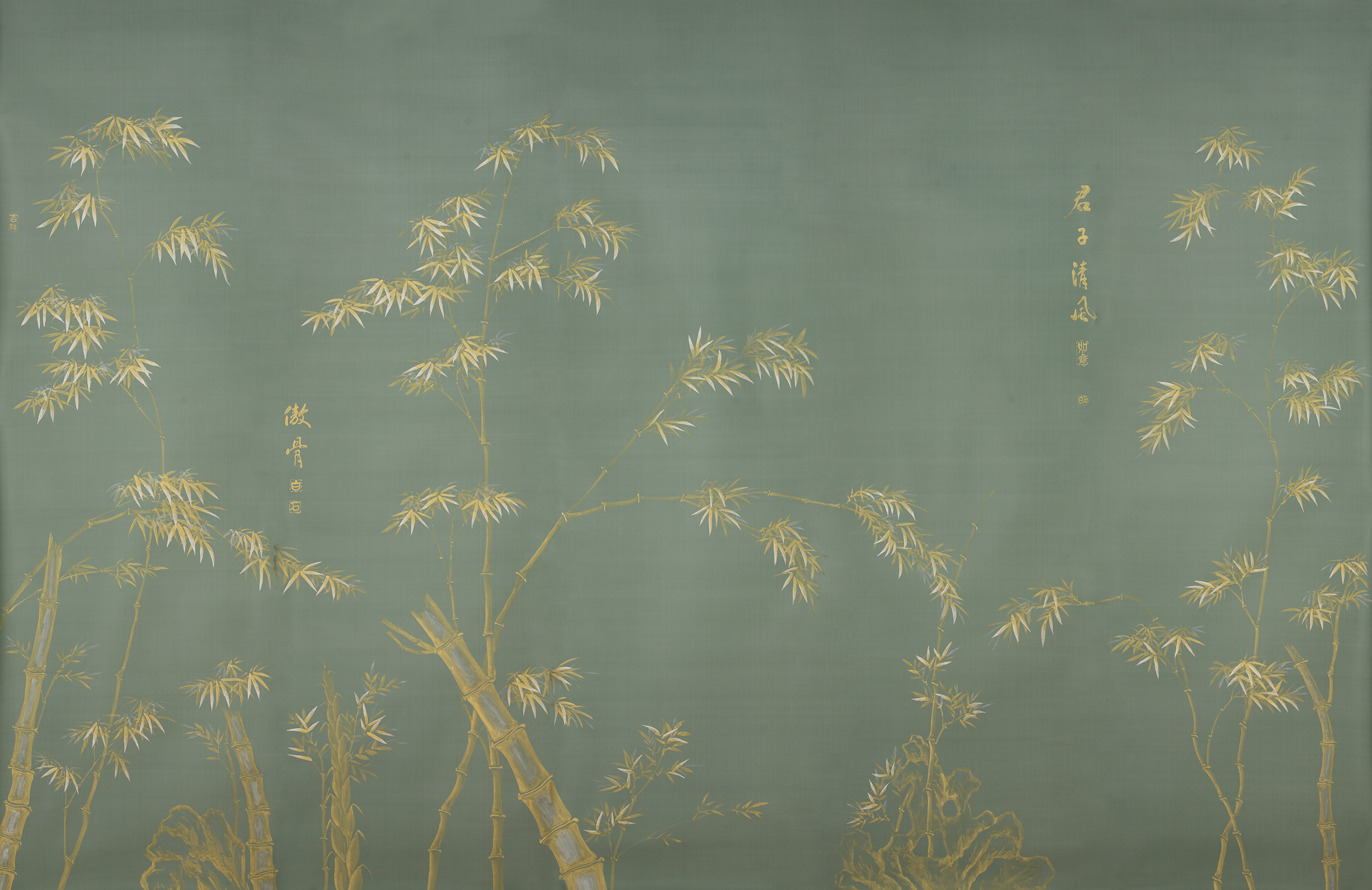 Обои ручная роспись Bamboo Golden on Blue grey dyed silk Обои ручная роспись Bamboo Golden on Blue grey dyed silk - постер Loft-Concept в Волгограде