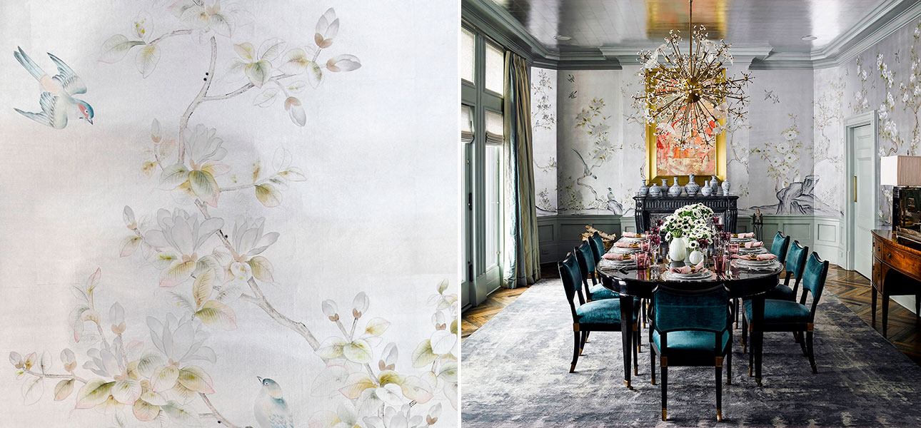 Обои ручная роспись Japanese Garden Special Colourway on Ocean Silver gilded silk - фото