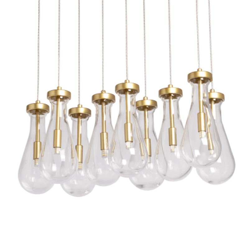 Люстра с 9-ю прозрачными стеклянными плафонами в форме капли Lucid Rain  Золотой Прозрачный в Волгограде | Loft Concept 