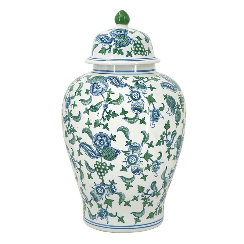 Ваза с крышкой и зелено-голубым цветочным узором на белом фоне Blue & White Ornament Белый Синий Ваза с крышкой и зелено-голубым цветочным узором на белом фоне Blue & White Ornament Белый Синий в Волгограде | Loft Concept