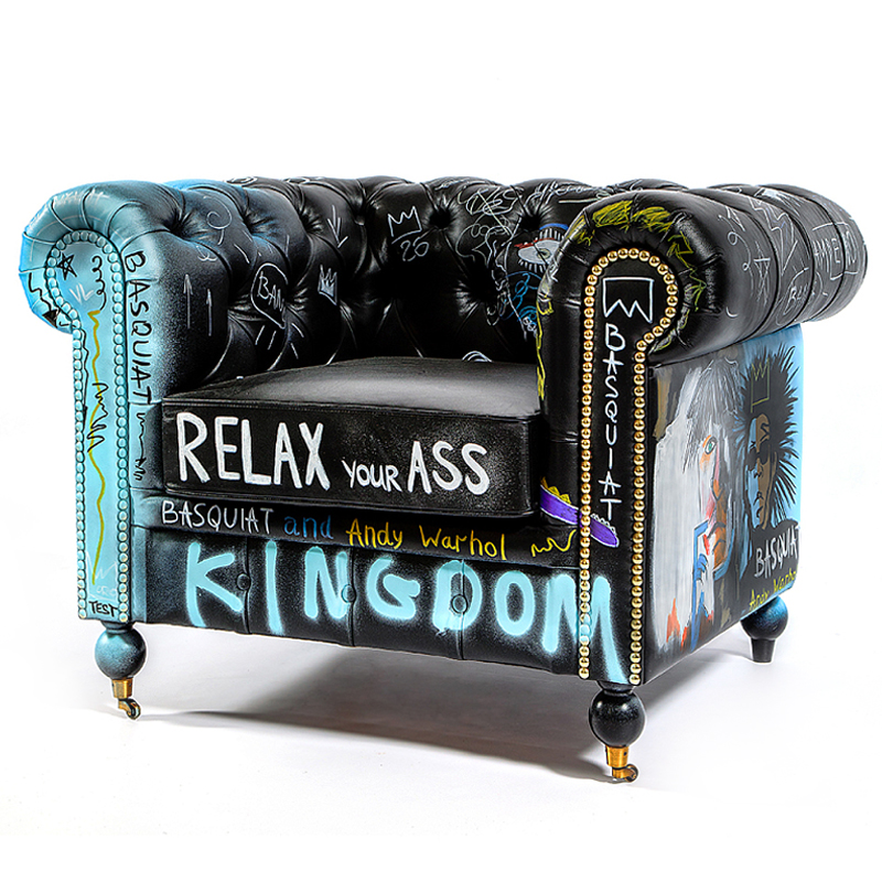 Кресло "Баския и Уорхол" Basquiat Warhol graffiti chair натуральная кожа Черный Мульти в Волгограде | Loft Concept 
