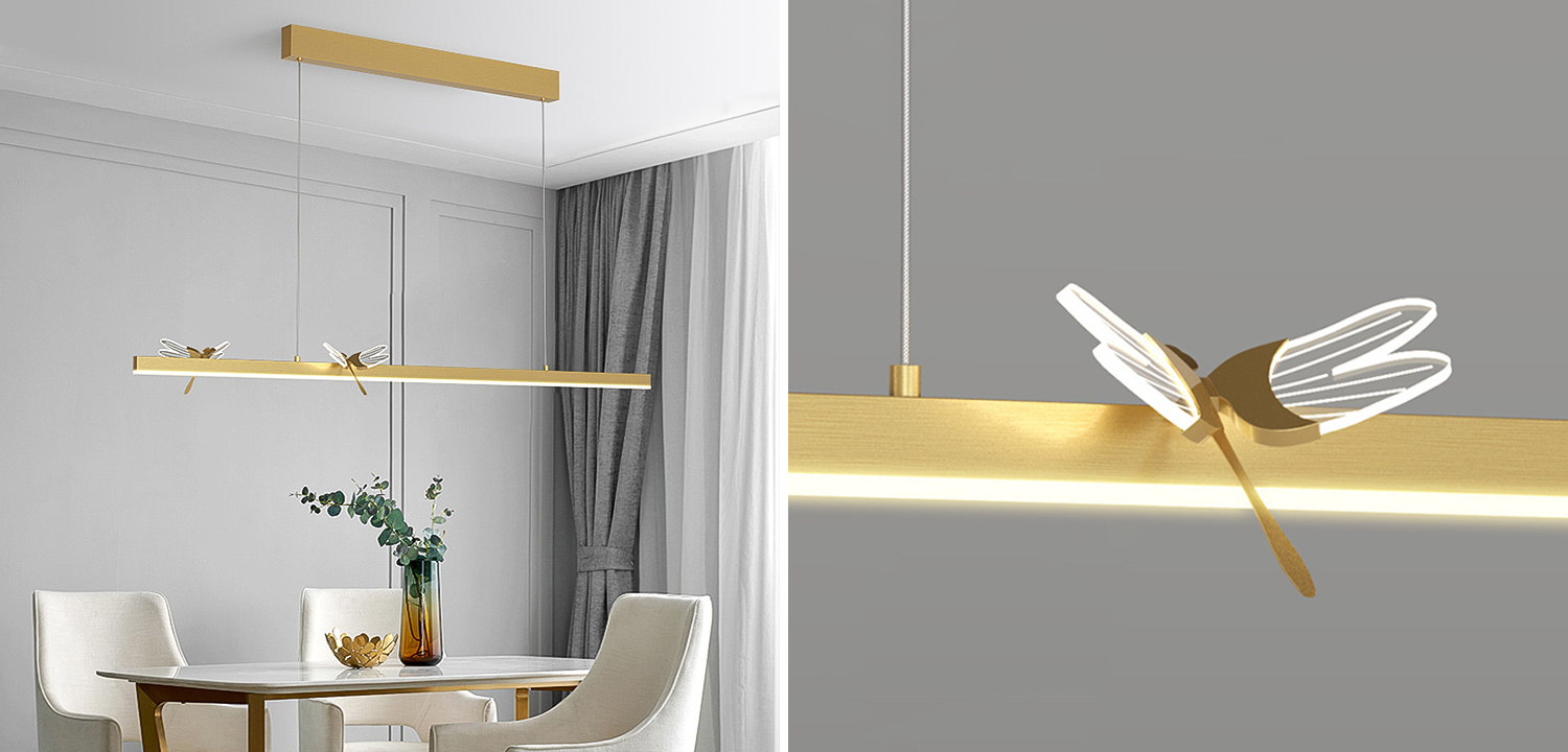Линейный светильник со стрекозами Dragonfly Linear Chandelier Gold - фото