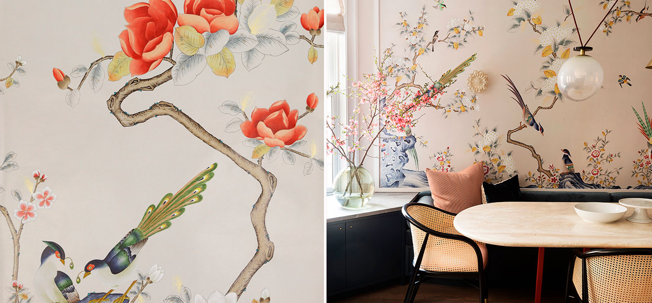 Обои ручная роспись Japanese Garden Colourway SC-252 on grey dyed paper - фото