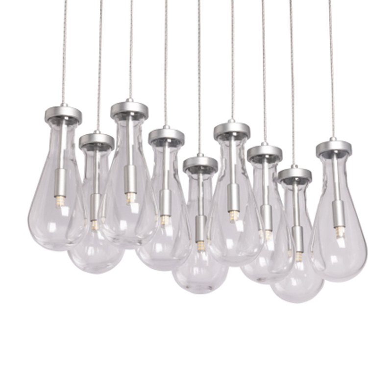 Люстра с 9-ю прозрачными плафонами из стекла в форме капли на прямоугольном потолочном основании цвета хром Lucid Rain  Серебряный Прозрачный в Волгограде | Loft Concept 