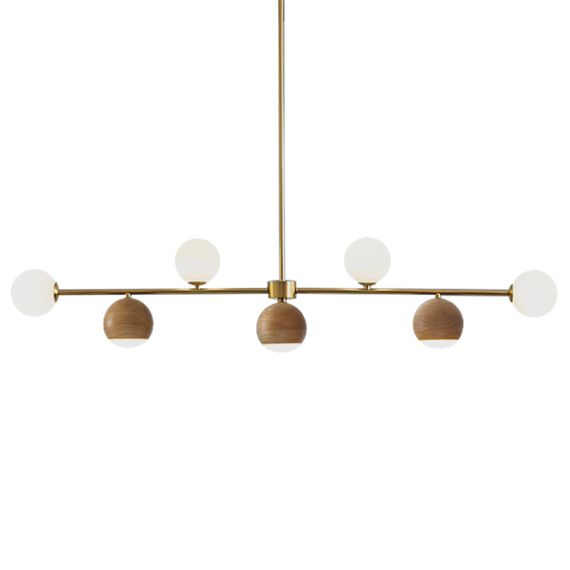 Линейная люстра Theo Metal Wooden Linear Chandelier Коричневый Латунь Белое матовое стекло Линейная люстра Theo Metal Wooden Linear Chandelier Коричневый Латунь Белое матовое стекло в Волгограде | Loft Concept