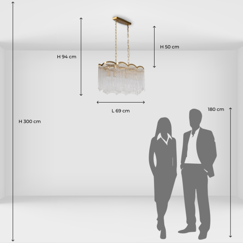 Люстра прямоугольная на цепях с прозрачными трубками и волнистым краем Nembus в Волгограде
