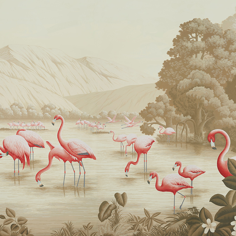 Обои ручная роспись Flamingos Flamingo on Sepia scenic paper  в Волгограде | Loft Concept 