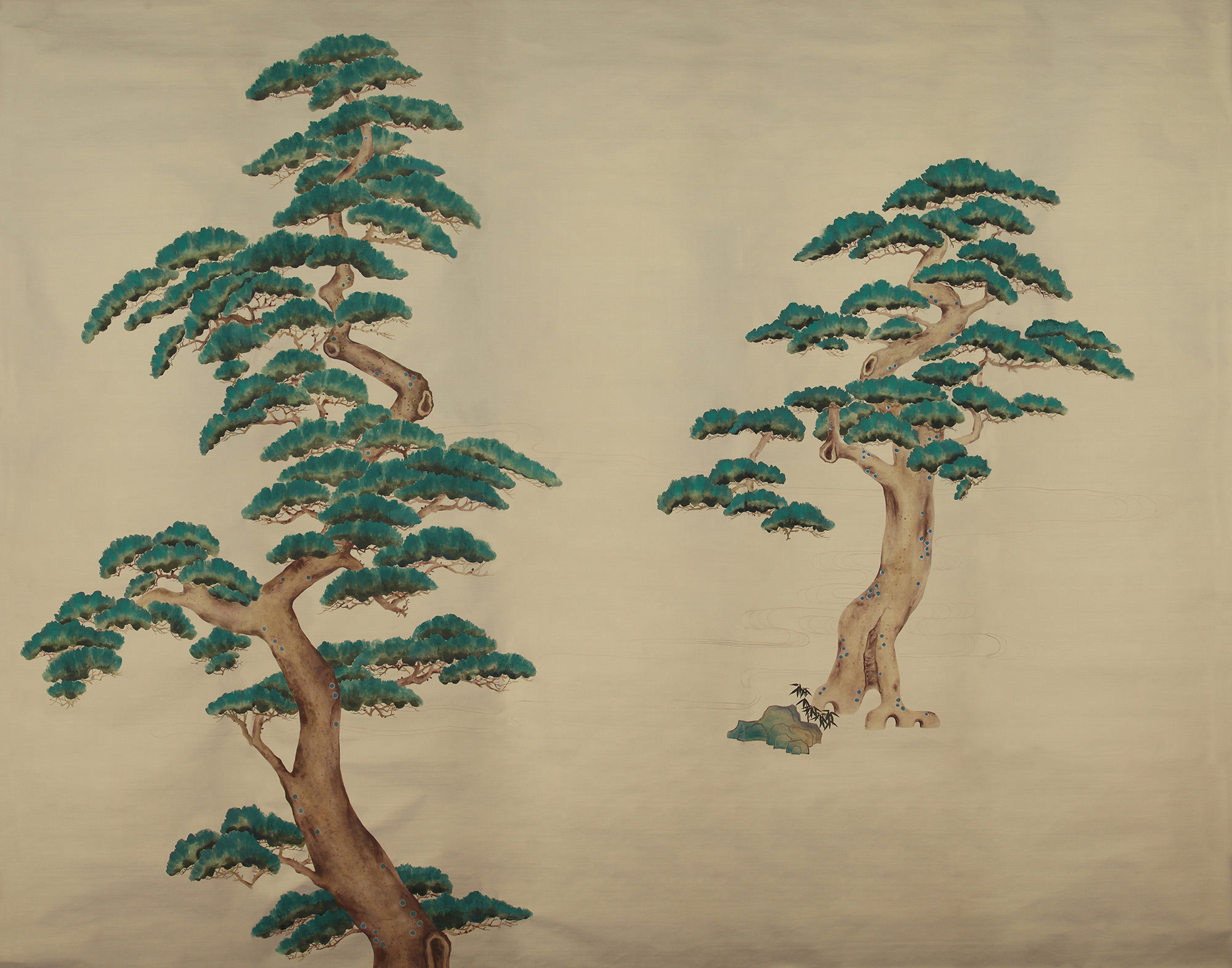 Обои ручная роспись Pine Trees Original colourway on New Faint Gold metallic silk Обои ручная роспись Pine Trees Original colourway on New Faint Gold metallic silk - постер Loft-Concept в Волгограде