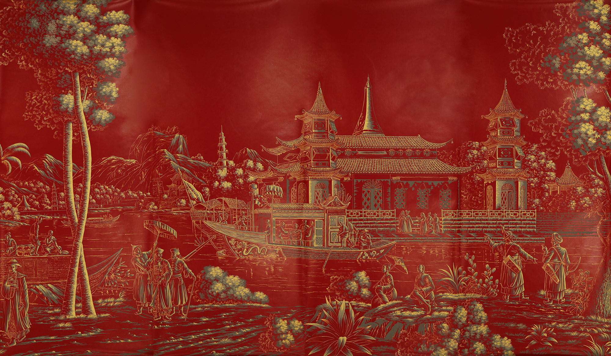 Обои ручная роспись Procession Chinoise Gold Outline on Scarlet Lady dyed paper with lacquered finish - постер Loft-Concept в Волгограде