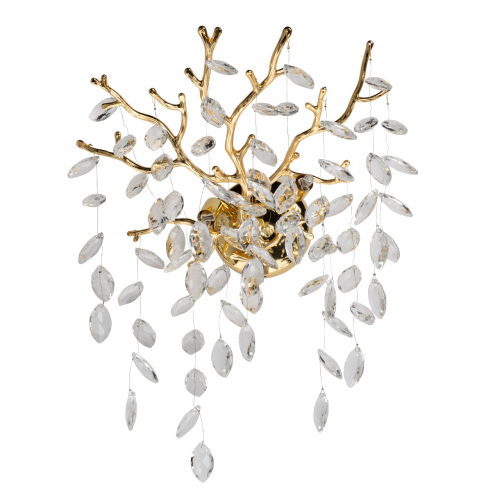 Бра золотого цвета с декоративными ветвями и прозрачными подвесками в форме листьев Droplet Chandelier Золотой Прозрачный в Волгограде | Loft Concept 