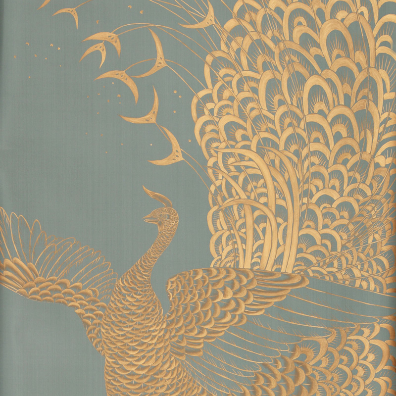 Обои ручная роспись в стиле Арт-деко Whistler Peacocks Golden colourway on Blue Grey dyed silk Обои ручная роспись в стиле Арт-деко Whistler Peacocks Golden colourway on Blue Grey dyed silk в Волгограде | Loft Concept