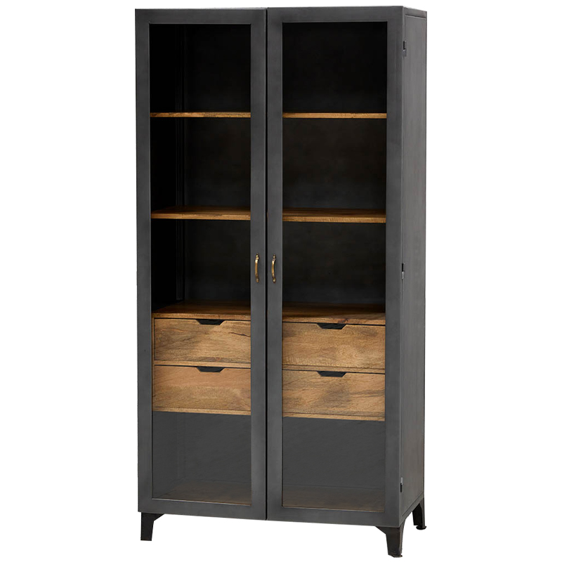 Шкаф металлический в стиле лофт с деревянными ящиками Russell Cabinet Графитовый Древесина Латунь Шкаф металлический в стиле лофт с деревянными ящиками Russell Cabinet Графитовый Древесина Латунь в Волгограде | Loft Concept