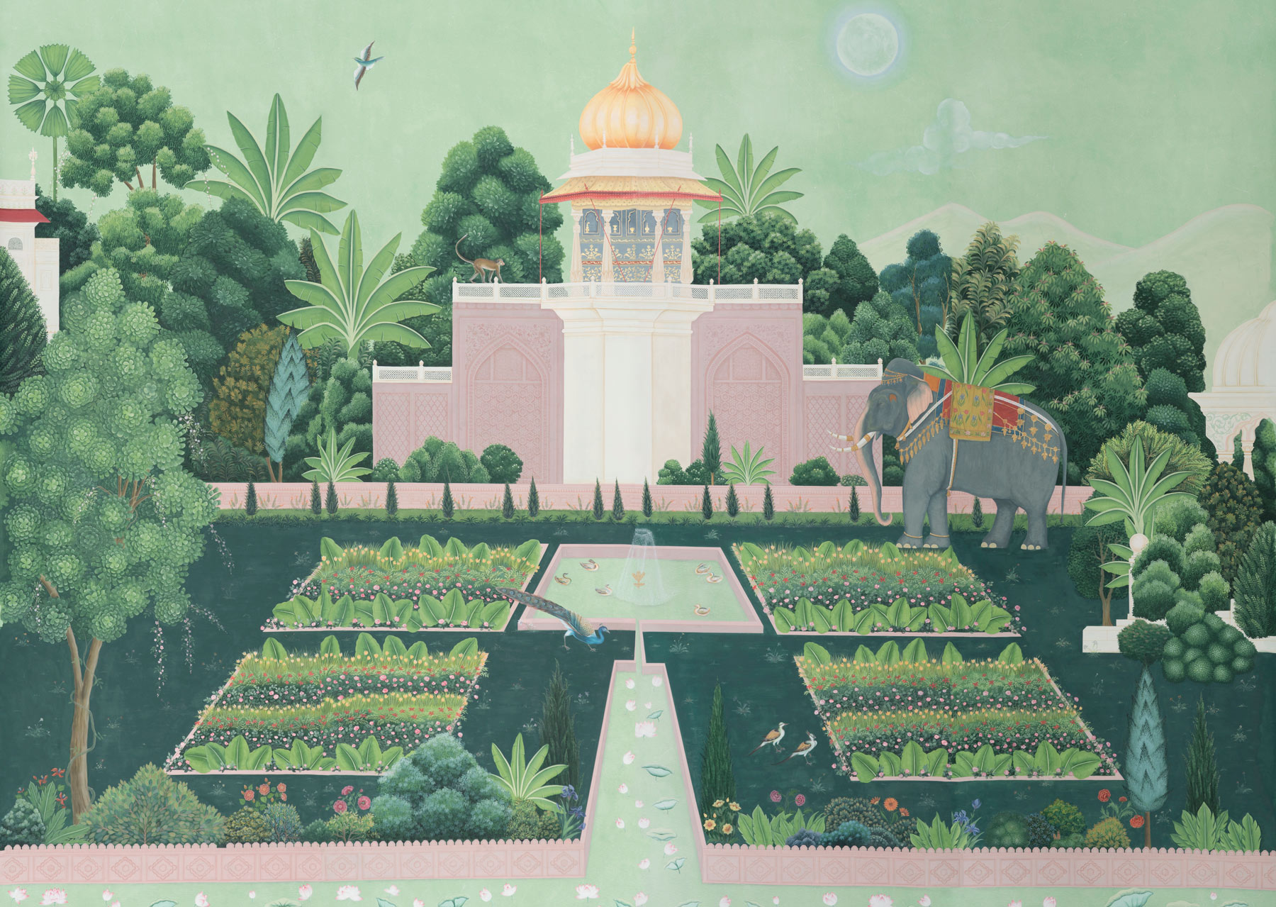 Обои ручная роспись Mahal Garden Original colourway on blue painted Xuan paper - постер Loft-Concept в Волгограде