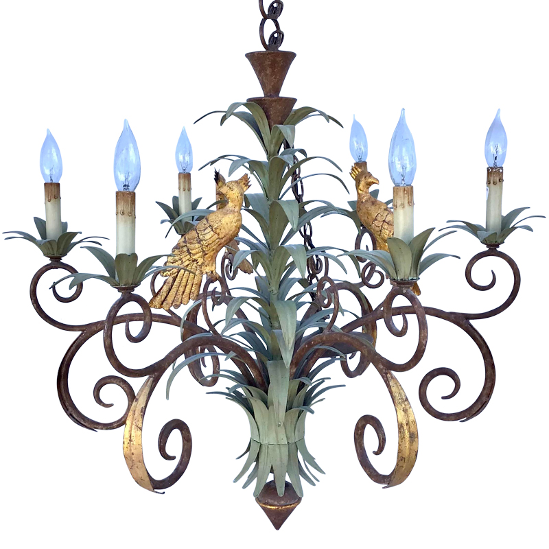 Люстра Дизайнерская Пальма с Попугаями Large Palm Leaf and Parrot Tole Chandelier Винтажное Темное Золото  Зеленый в Волгограде | Loft Concept 