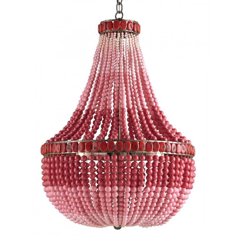 Люстра каплевидной формы украшенная круглыми бусинами Wooden Beads Chandelier Red Pink Красный Розовый Винтажная латунь Люстра каплевидной формы украшенная круглыми бусинами Wooden Beads Chandelier Red Pink Красный Розовый Винтажная латунь в Волгограде | Loft Concept