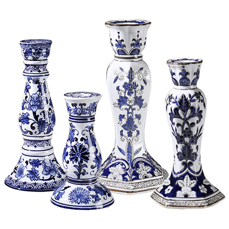 Подсвечник BLUE & WHITE ORNAMENT Candlestick Белый Синий в Волгограде | Loft Concept 