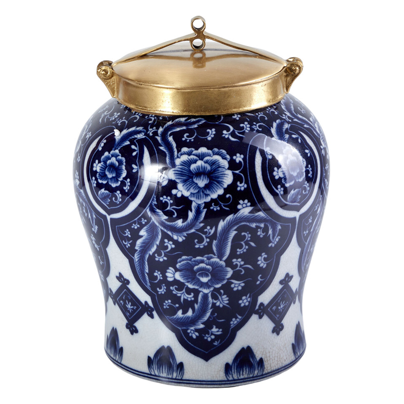 Ваза с насыщенным синим орнаментом и золотой крышкой Blue & White Ornament Белый Синий Золотой Ваза с насыщенным синим орнаментом и золотой крышкой Blue & White Ornament Белый Синий Золотой в Волгограде | Loft Concept