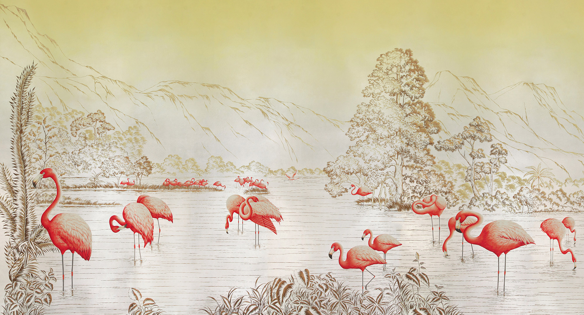 Обои ручная роспись Flamingos Colourway SC-120 on Sterling Silver gilded Xuan paper Обои ручная роспись Flamingos Colourway SC-120 on Sterling Silver gilded Xuan paper - постер Loft-Concept в Волгограде
