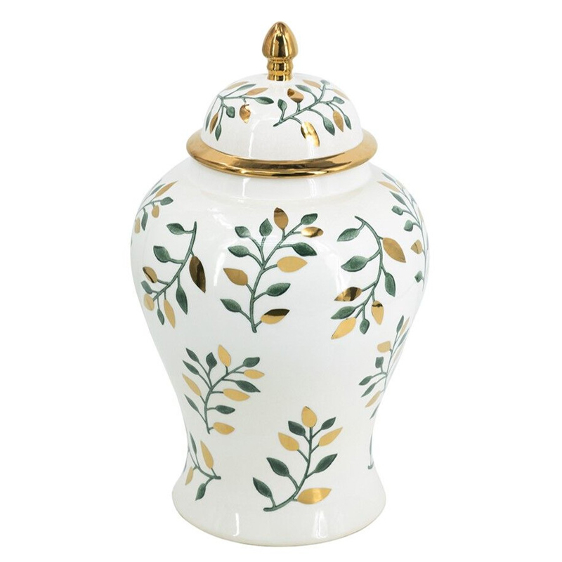Ваза белая с крышкой с рисунком зеленых и золотых листьев 48 см Chinoiserie Ceramics Белый Зеленый Золотой Ваза белая с крышкой с рисунком зеленых и золотых листьев 48 см Chinoiserie Ceramics Белый Зеленый Золотой в Волгограде | Loft Concept