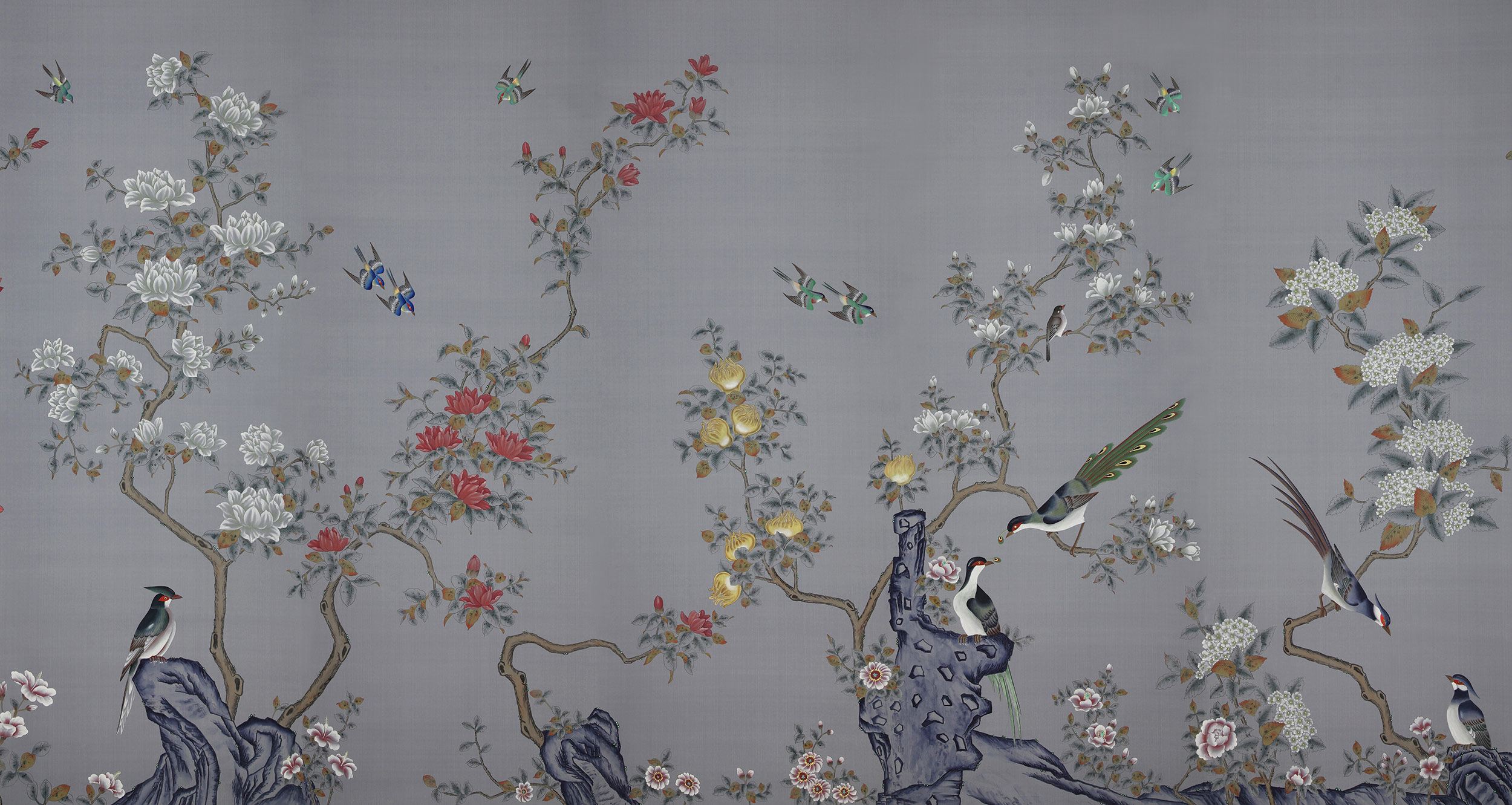 Обои ручная роспись Japanese Garden Original colourway on Gun Metal dyed silk Обои ручная роспись Japanese Garden Original colourway on Gun Metal dyed silk - постер Loft-Concept в Волгограде