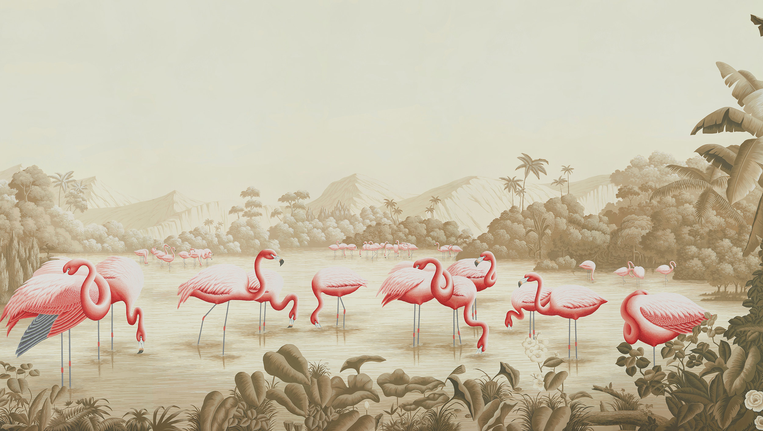 Обои ручная роспись Flamingos Flamingo on Sepia scenic paper Обои ручная роспись Flamingos Flamingo on Sepia scenic paper - постер Loft-Concept в Волгограде
