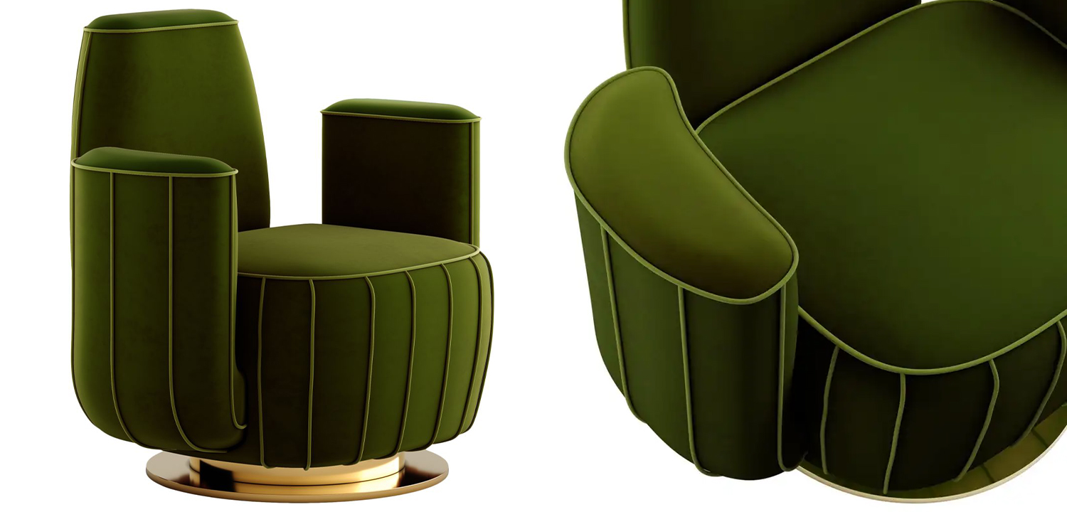 Дизайнерское Кресло-Кактус Modern Green Velvet Armchair Cactus Shape with Gold Swivel Base - фото