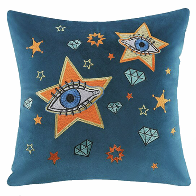 Голубая Подушка с Вышивкой Eyes and Stars Синий Оранжевый в Волгограде | Loft Concept 