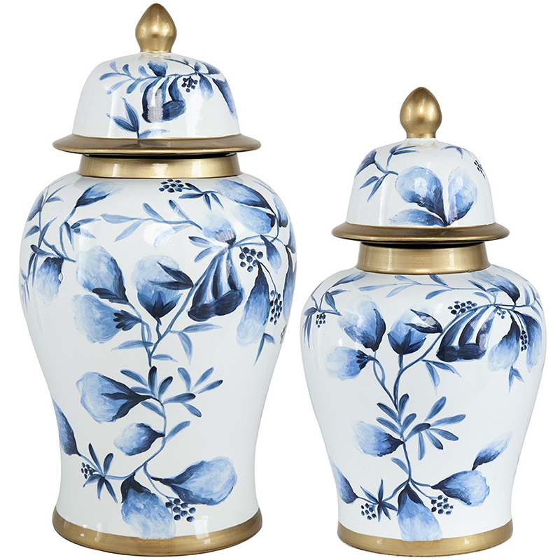 Ваза с крышкой Blue Plant Vase Золотой Белый Синий Ваза с крышкой Blue Plant Vase Золотой Белый Синий в Волгограде | Loft Concept