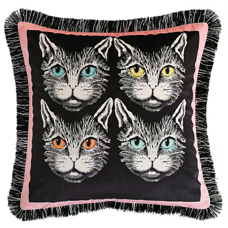 Декоративная подушка с вышивкой Cтиль Gucci Four Cats Черный Розовый Белый Декоративная подушка с вышивкой Cтиль Gucci Four Cats Черный Розовый Белый в Волгограде | Loft Concept