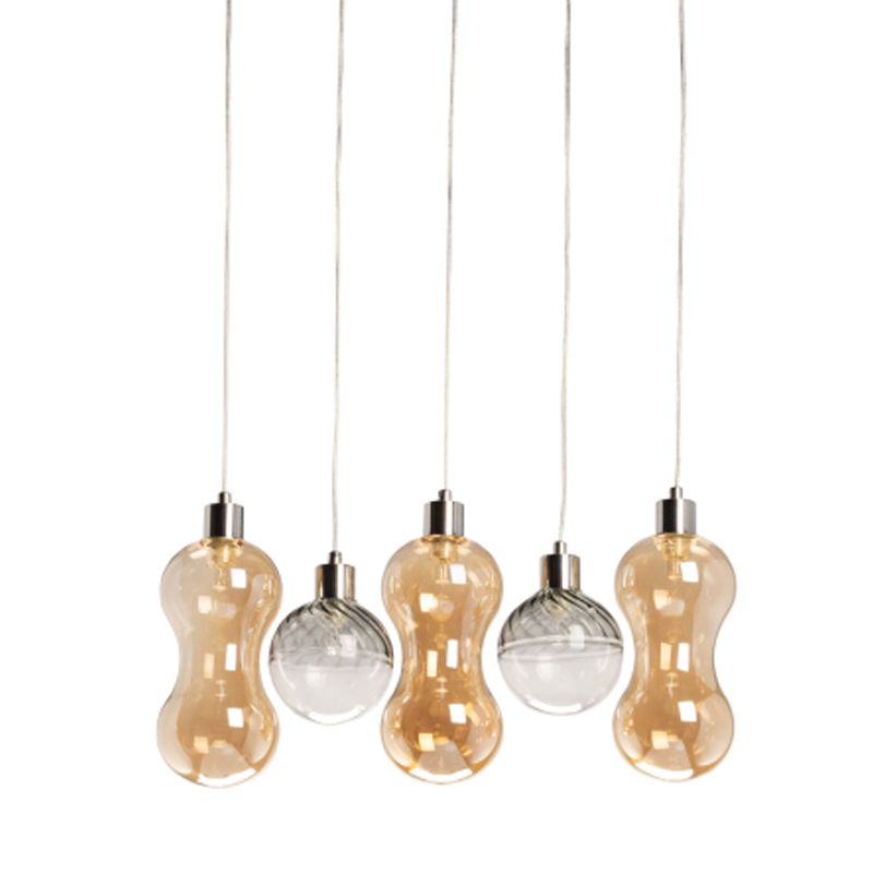 Люстра с 3-мя плафонами волнообразной формы цвета янтарь и 2-мя прозрачными шарообразными плафонами Lucid Rain  Черный Прозрачный Янтарный в Волгограде | Loft Concept 