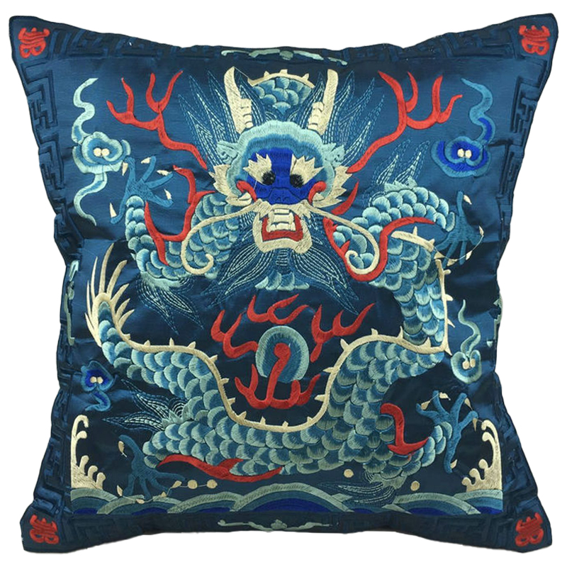 Декоративная подушка с вышивкой Chinese Dragon Blue Мульти Синий Декоративная подушка с вышивкой Chinese Dragon Blue Мульти Синий в Волгограде | Loft Concept