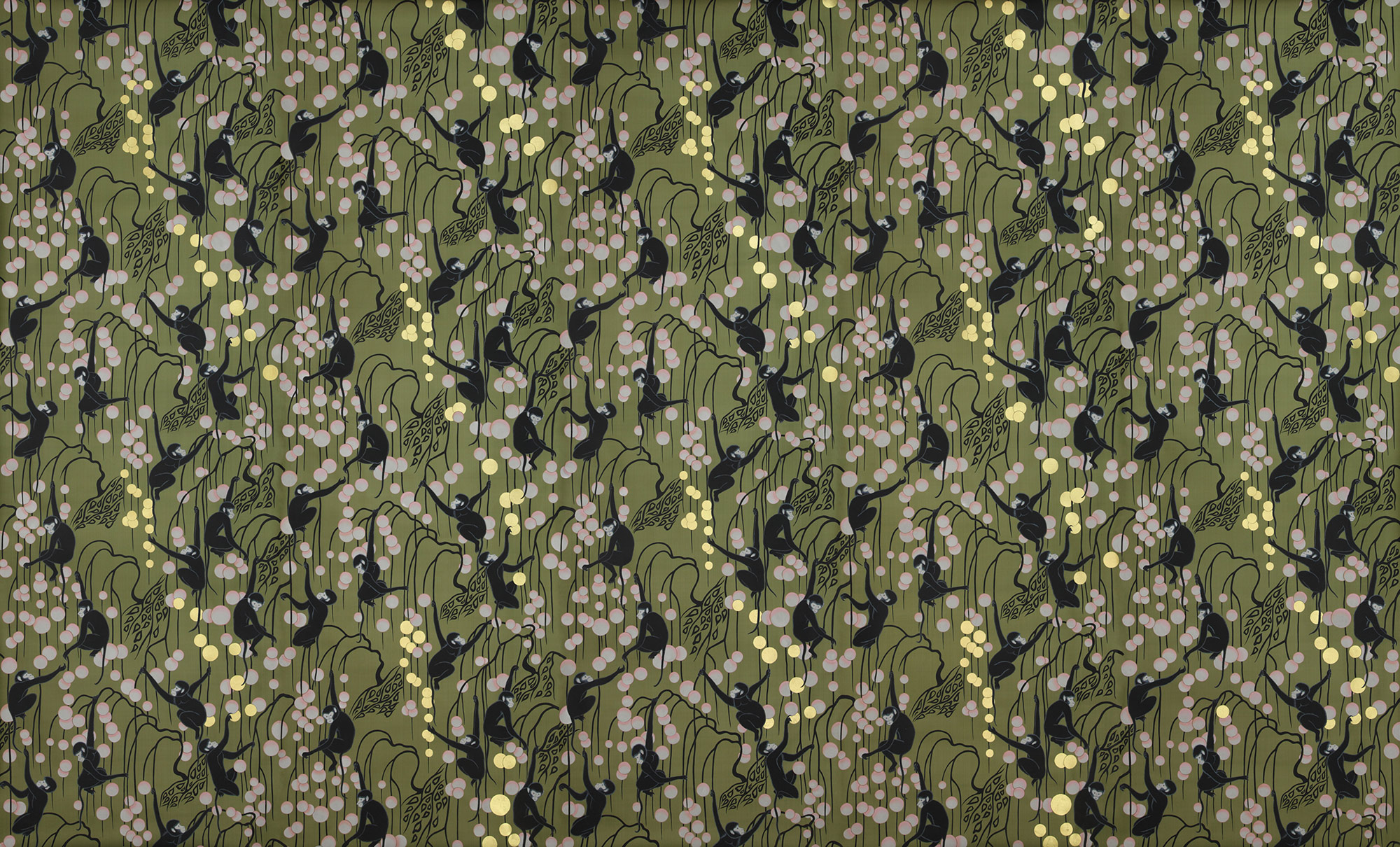 Обои ручная роспись Deco Monkeys Special Colourway on Olive dyed silk Обои ручная роспись Deco Monkeys Special Colourway on Olive dyed silk - постер Loft-Concept в Волгограде