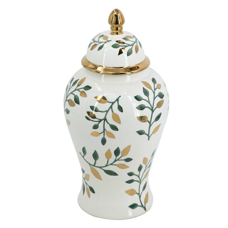 Ваза белая с крышкой с рисунком зеленых и золотых листьев 40 см Chinoiserie Ceramics Белый Зеленый Золотой Ваза белая с крышкой с рисунком зеленых и золотых листьев 40 см Chinoiserie Ceramics Белый Зеленый Золотой в Волгограде | Loft Concept