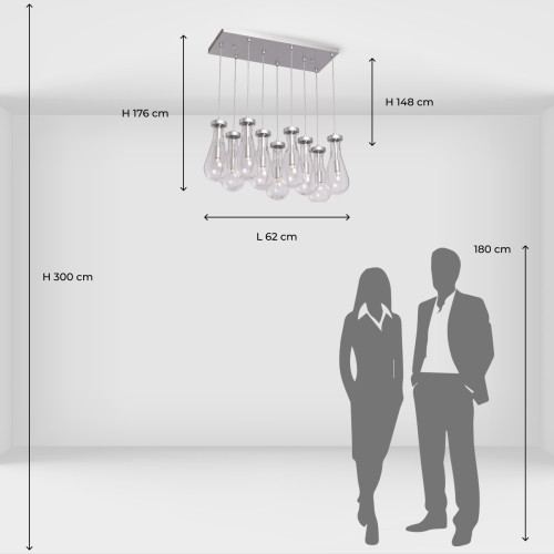 Люстра с 9-ю прозрачными плафонами из стекла в форме капли на прямоугольном потолочном основании цвета хром Lucid Rain  в Волгограде