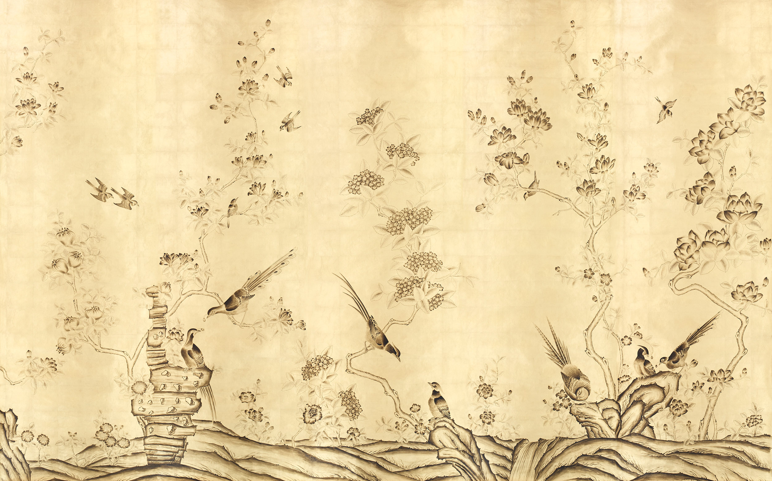 Обои ручная роспись Japanese Garden Dark Lacquer on Deep Rich Gold gilded silk Обои ручная роспись Japanese Garden Dark Lacquer on Deep Rich Gold gilded silk - постер Loft-Concept в Волгограде
