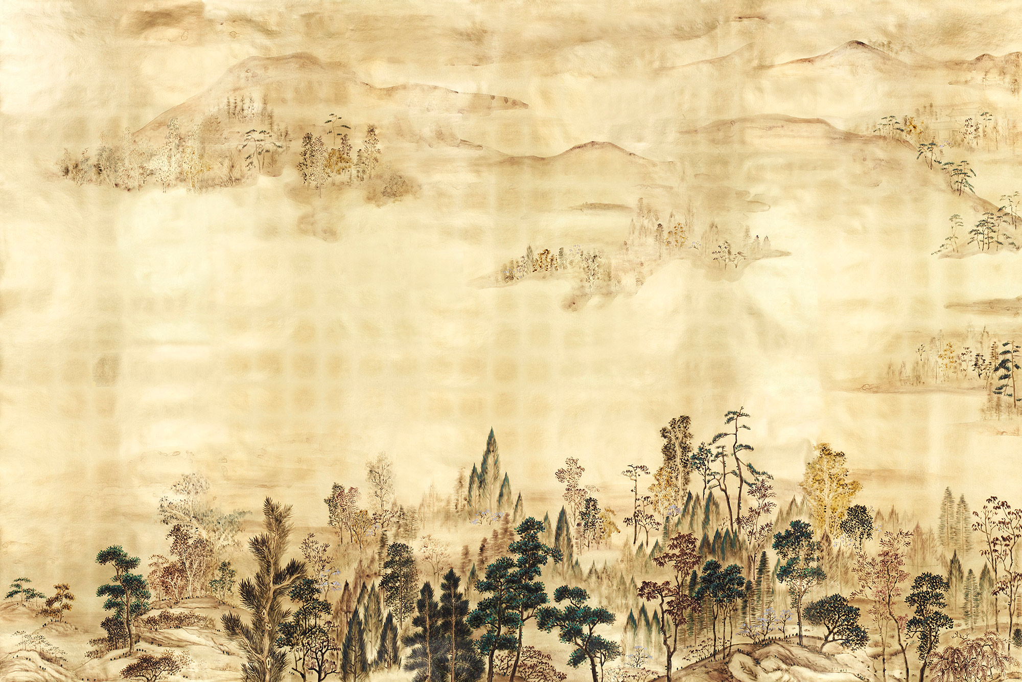 Обои ручная роспись Mountains Above Clouds Original colourway on Deep Rich Gold gilded paper Обои ручная роспись Mountains Above Clouds Original colourway on Deep Rich Gold gilded paper - постер Loft-Concept в Волгограде
