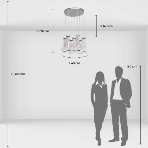 Люстра с 7-ю прозрачными плафонами из стекла в форме капли на круглом потолочном основании цвета хром Lucid Rain  в Волгограде