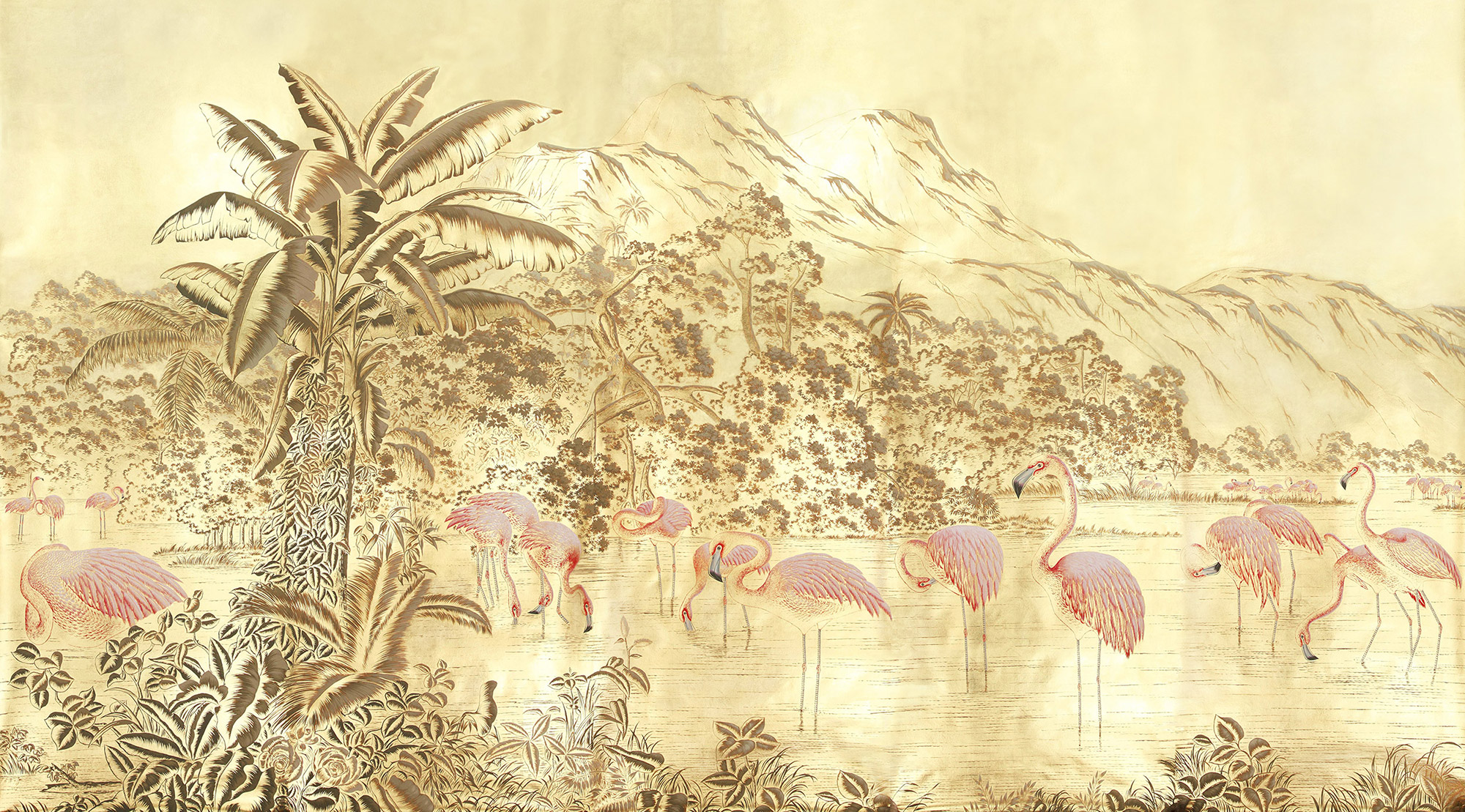 Обои ручная роспись Flamingos Flamingo on Deep Rich Gold gilded paper - постер Loft-Concept в Волгограде