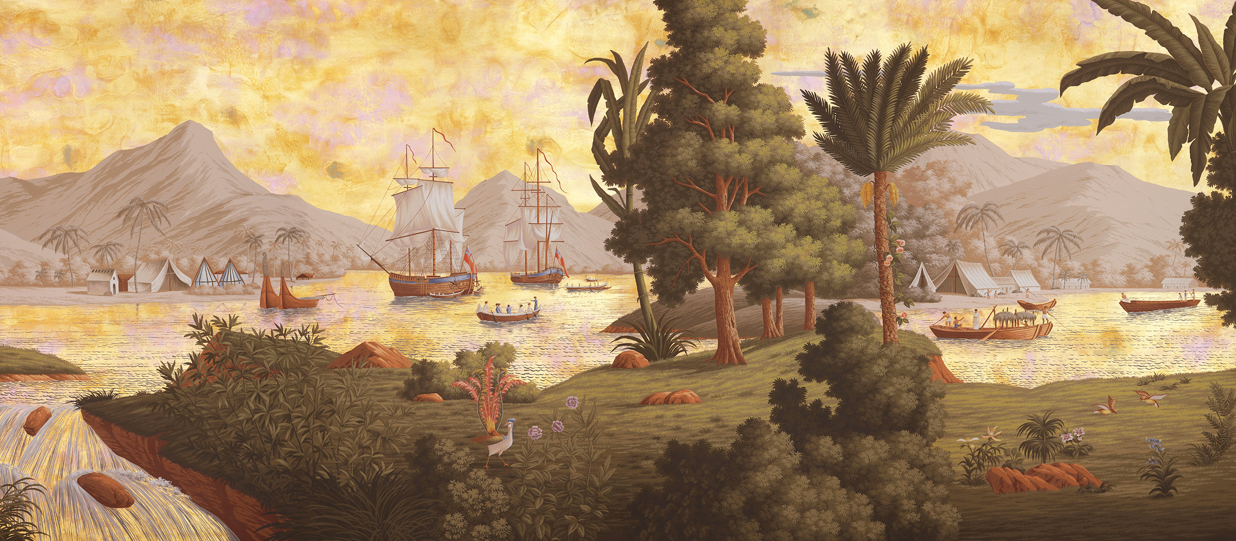 Обои ручная роспись Voyage of the Pacific Amarelo on Deep Rich Gold gilded paper with antiquing Обои ручная роспись Voyage of the Pacific Amarelo on Deep Rich Gold gilded paper with antiquing - постер Loft-Concept в Волгограде