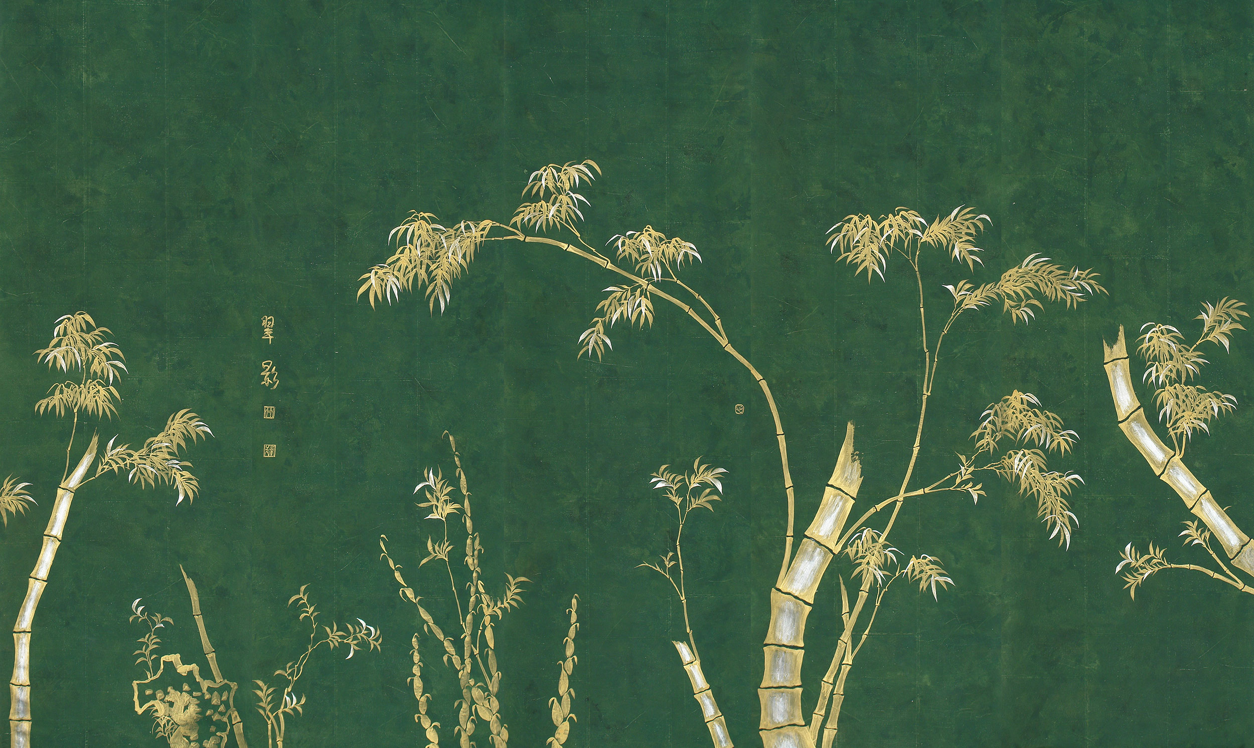 Обои ручная роспись Bamboo Golden on Edo Green India tea paper Обои ручная роспись Bamboo Golden on Edo Green India tea paper - постер Loft-Concept в Волгограде