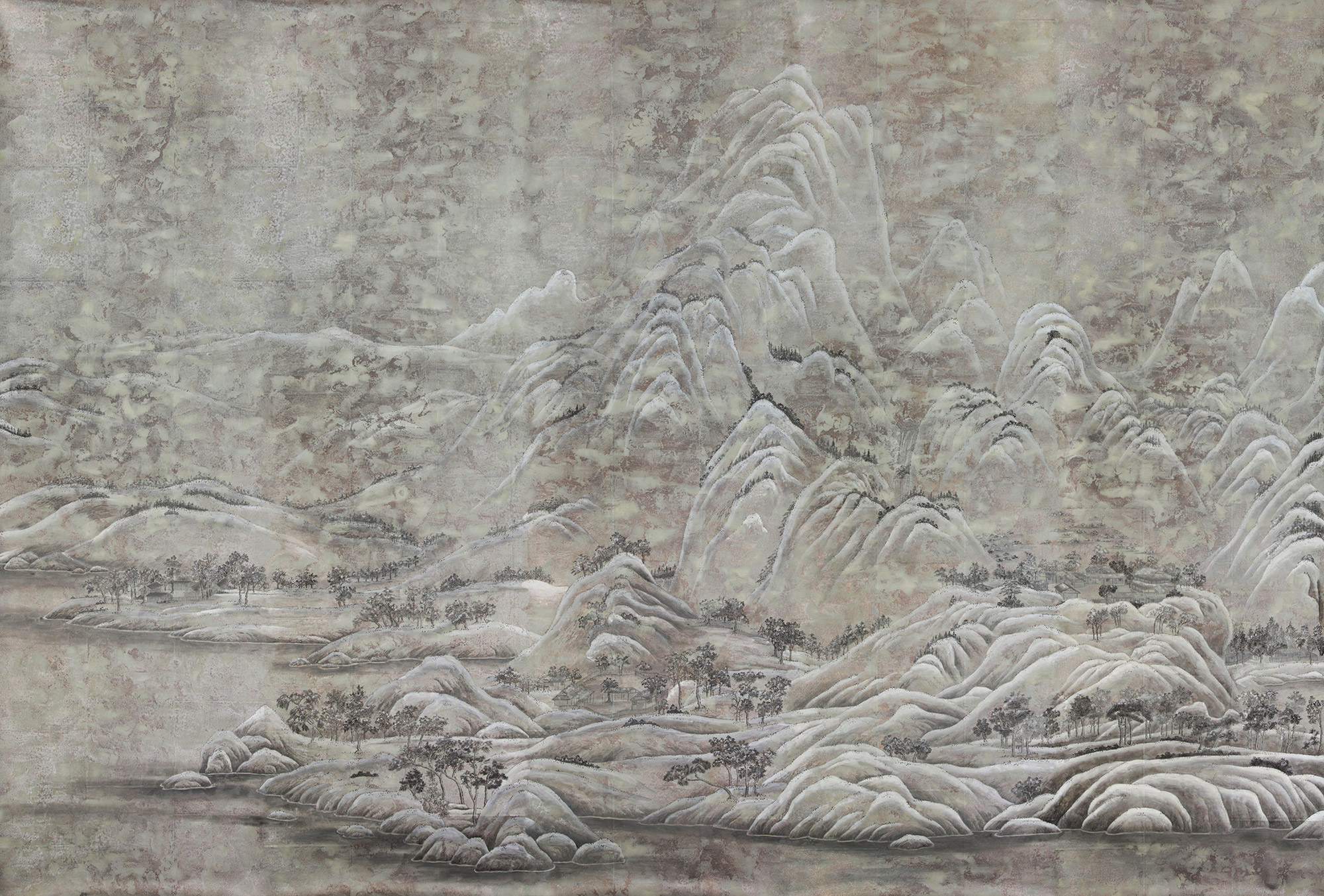 Обои ручная роспись A Thousand Li of Rivers and Mountains Colourway SC-102 on Sterling Silver gilded paper with pearlescent antiquing - постер Loft-Concept в Волгограде