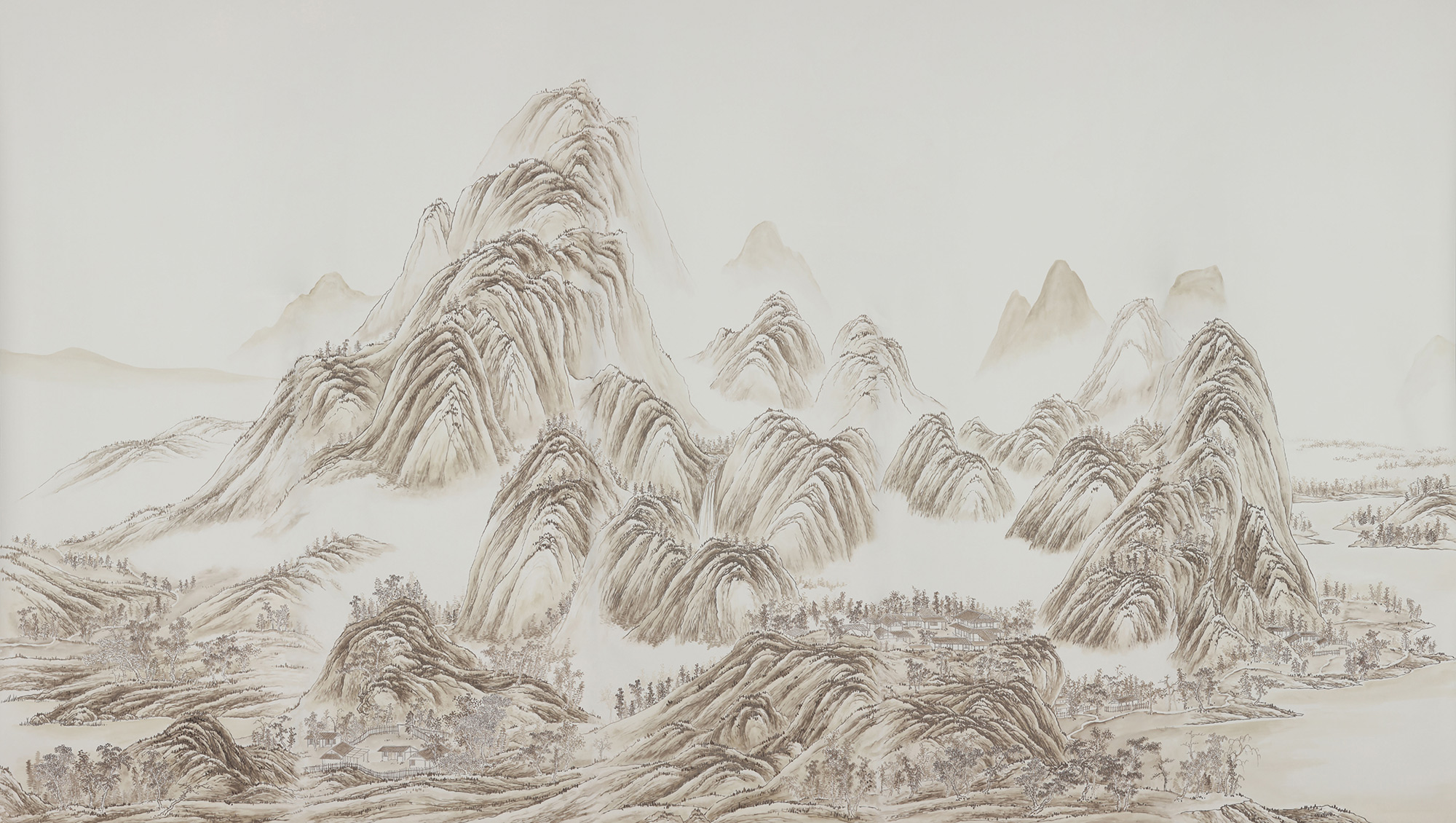 Обои ручная роспись A Thousand Li of Rivers and Mountains Special Colourway on Bleached White dyed silk 2 Обои ручная роспись A Thousand Li of Rivers and Mountains Special Colourway on Bleached White dyed silk 2 - постер Loft-Concept в Волгограде