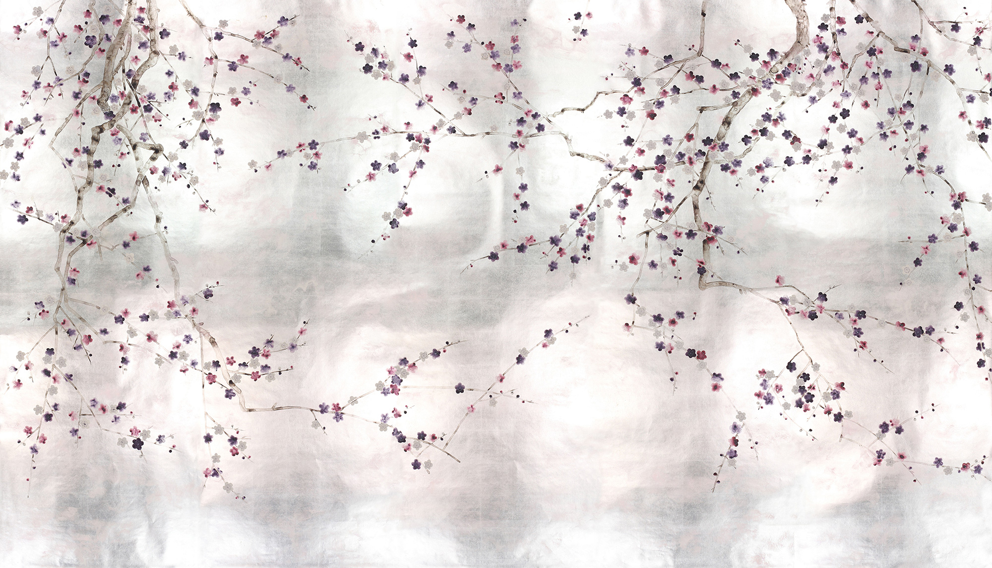 Обои ручная роспись Plum Blossom Colourway SC-228 on Tarnished Silver gilded paper with pearlescent antiquing Обои ручная роспись Plum Blossom Colourway SC-228 on Tarnished Silver gilded paper with pearlescent antiquing - постер Loft-Concept в Волгограде