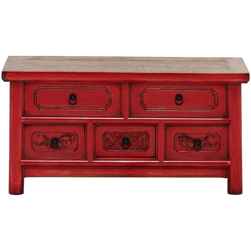 Деревянная ТВ-тумба в китайском стиле с 5-ю выдвижными ящиками Chinese TV Stand Red Красный Коричневый Черный Деревянная ТВ-тумба в китайском стиле с 5-ю выдвижными ящиками Chinese TV Stand Red Красный Коричневый Черный в Волгограде | Loft Concept