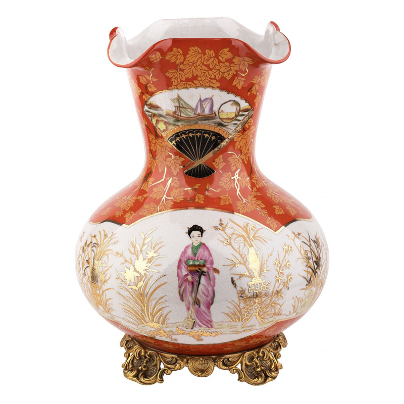 Ваза красного цвета с рисунком Chinoiserie Ceramics Белый Красный Бронза Ваза красного цвета с рисунком Chinoiserie Ceramics Белый Красный Бронза в Волгограде | Loft Concept