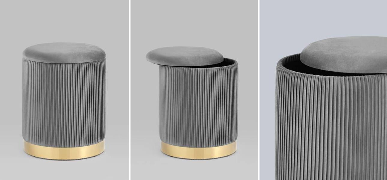 Пуф с ящиком Beatrice серый Glossy Velor - фото