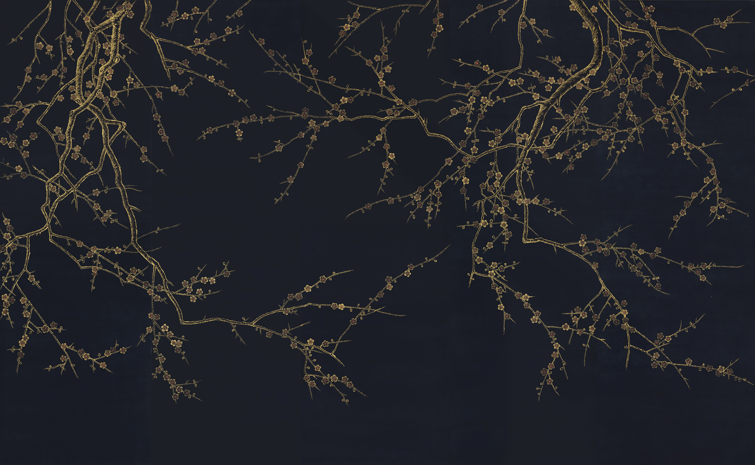 Обои ручная роспись Plum Blossom Colourway SC-226 on black painted silk Обои ручная роспись Plum Blossom Colourway SC-226 on black painted silk - постер Loft-Concept в Волгограде