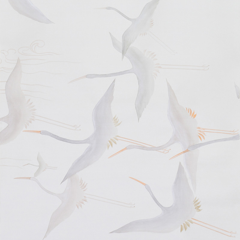 Обои ручная роспись Cranes Scroll Original colourway on Natural Mica metallic silk Обои ручная роспись Cranes Scroll Original colourway on Natural Mica metallic silk в Волгограде | Loft Concept