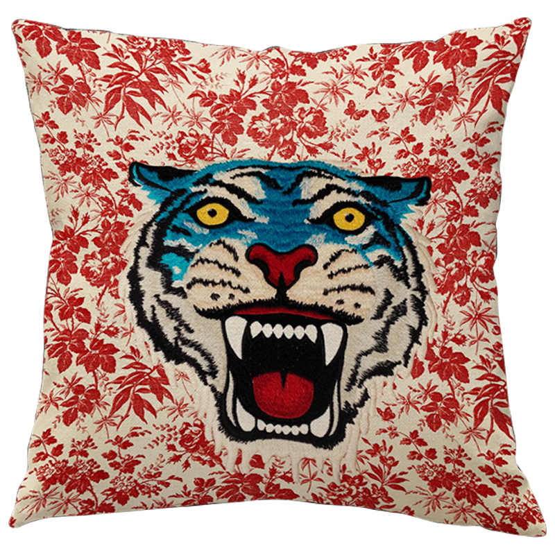Декоративная подушка Стиль Gucci Blue Tiger Красный Бежевый Голубой Мульти Декоративная подушка Стиль Gucci Blue Tiger Красный Бежевый Голубой Мульти в Волгограде | Loft Concept